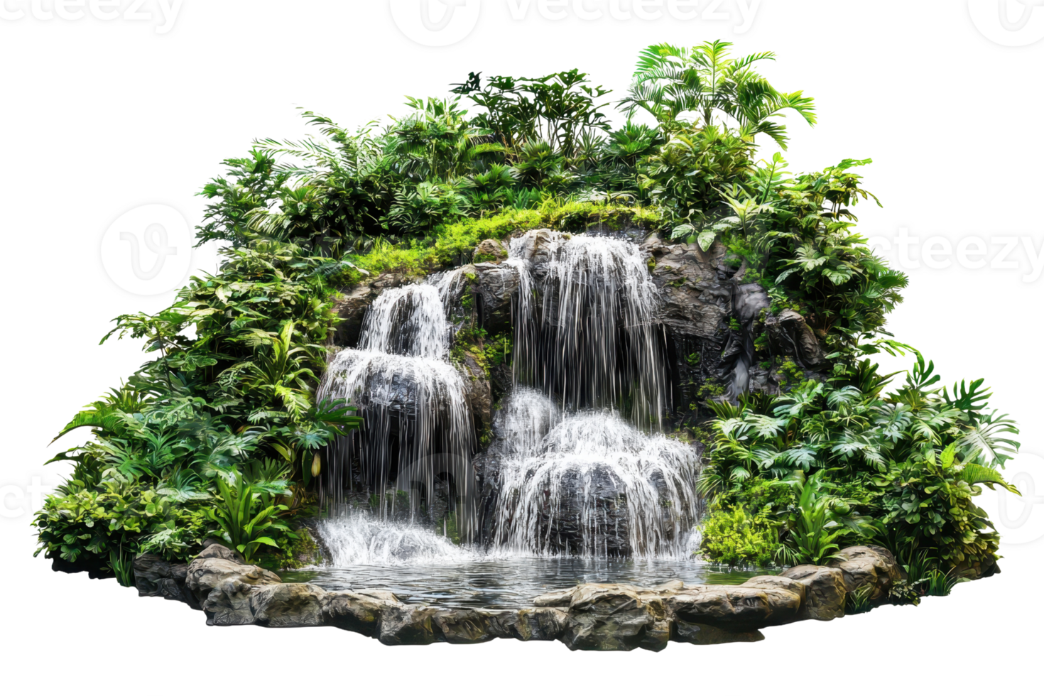 Lush tropical waterfall cascading over rocks surrounded by vibrant greenery, creating a serene and refreshing natural oasis. png