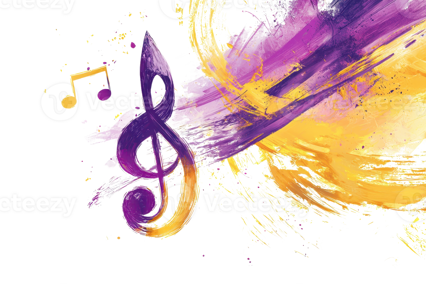 Vibrant abstract music design with purple and yellow paint splashes surrounding a treble clef symbol, embodying creativity and melody. png