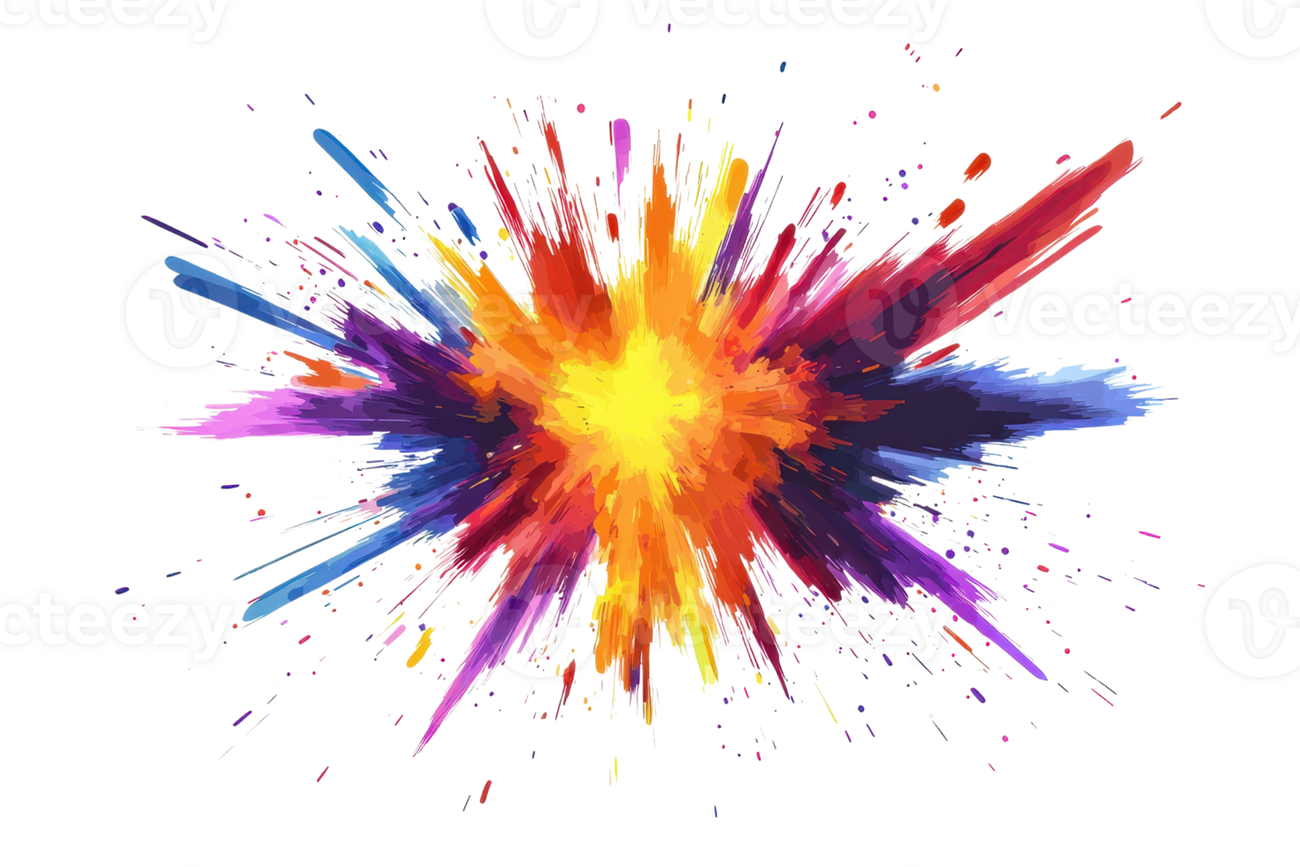 Vibrant colorful explosion of abstract paint splashes creating a dynamic burst of energy in motion. Bright hues blend seamlessly. png