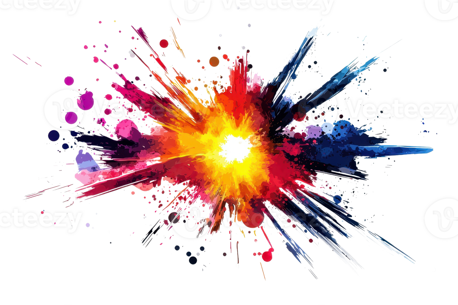 Vibrant explosion of colorful paint splashes on a transparent background, creating a dynamic and captivating abstract artwork. png