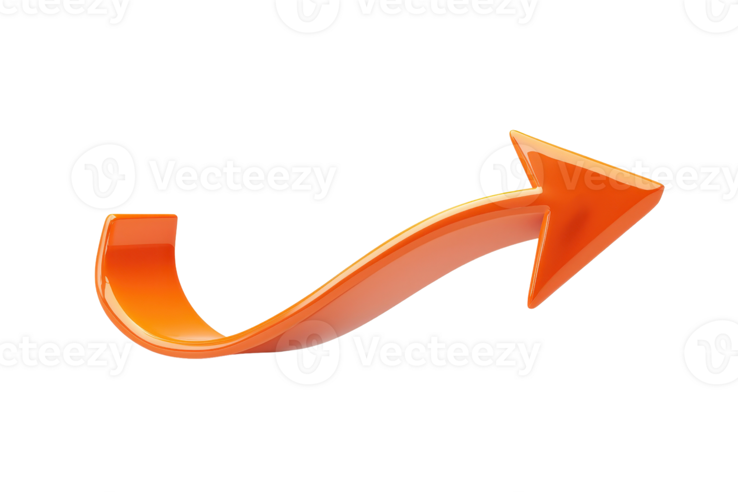 Three-dimensional shiny orange arrow curving upwards and right, isolated on a transparent background, representing direction and progress. png