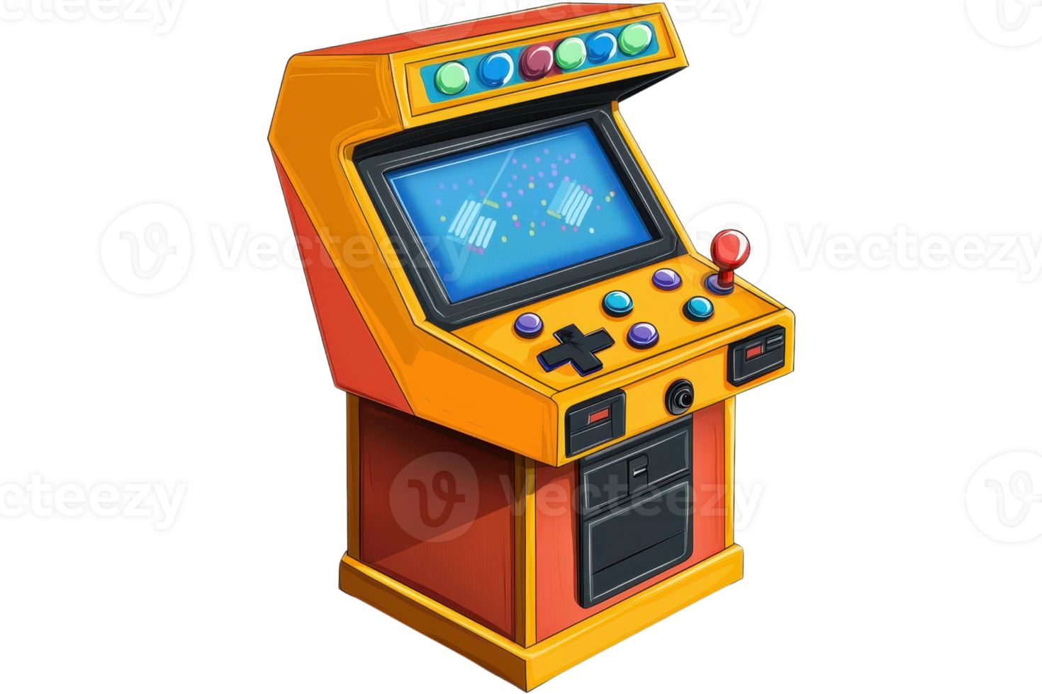 Retro arcade game machine with colorful buttons and joystick, bringing vintage gaming nostalgia to modern enthusiasts. png