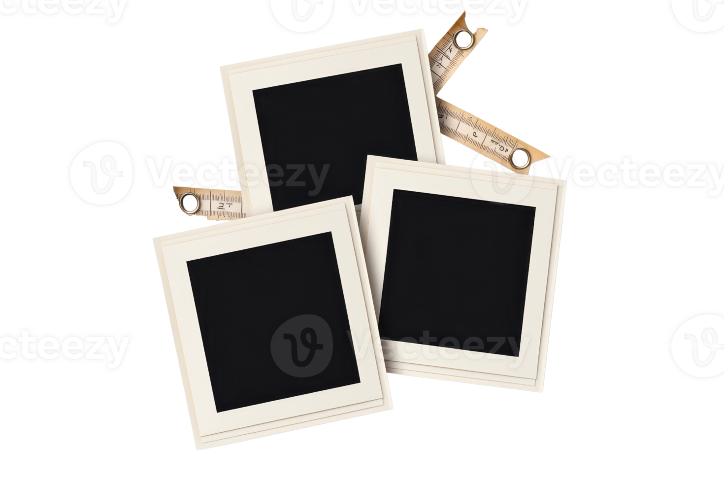 Three square photo frames with wooden clips on transparent background, perfect for showcasing memories, nostalgia, or creative DIY projects. png