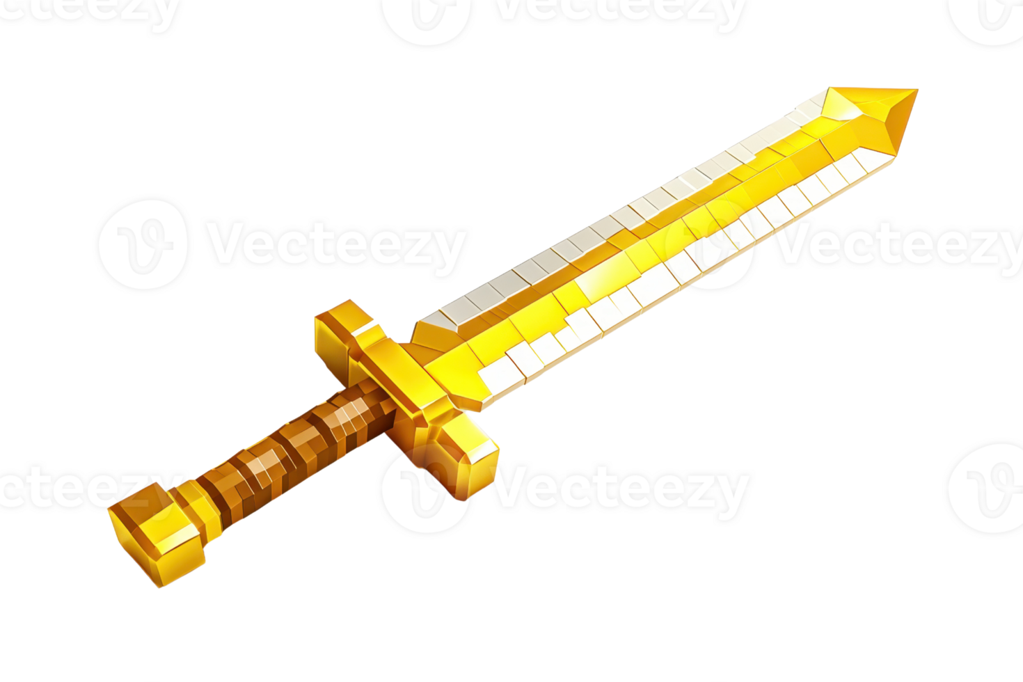 Shiny golden pixelated sword from a game, perfect for fantasy gaming themes and retro digital designs. png