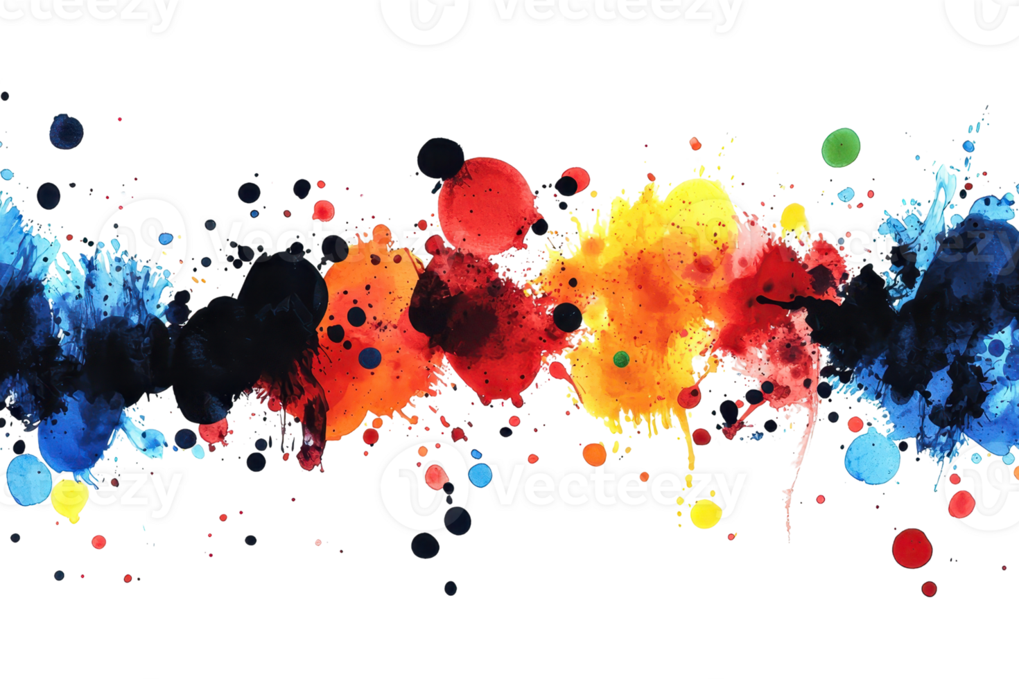 Vibrant splash of multicolored abstract paint splatters creating a dynamic and artistic design element. Perfect for creative projects. png