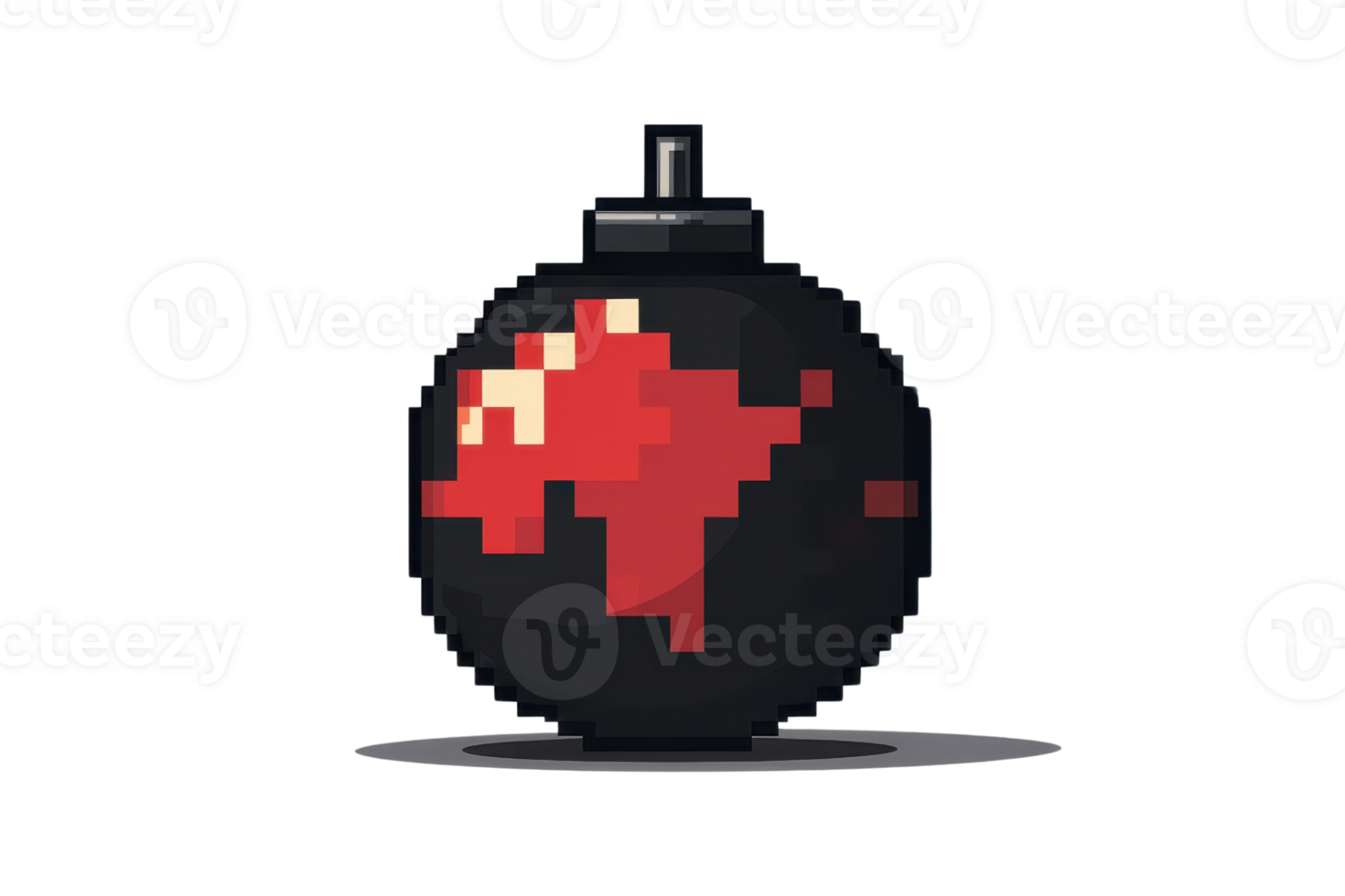 Pixel art style black bomb with red accents, isolated on transparent background, capturing a retro game aesthetic. png
