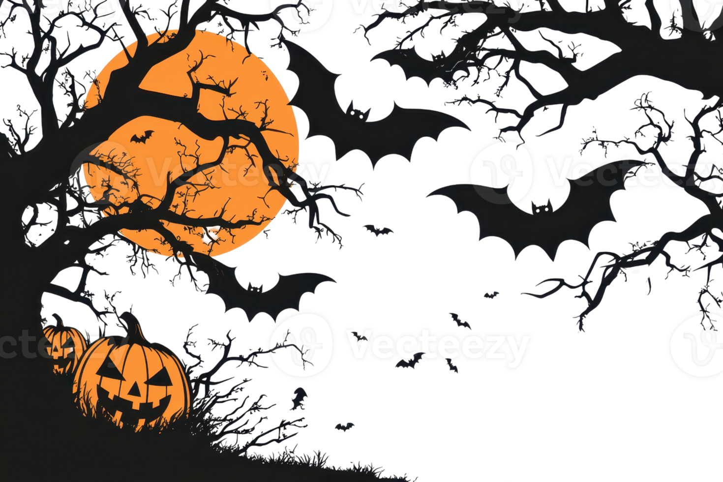 Spooky Halloween night with a glowing full moon, flying bats, and carved pumpkin under barren trees, creating an eerie atmosphere. png