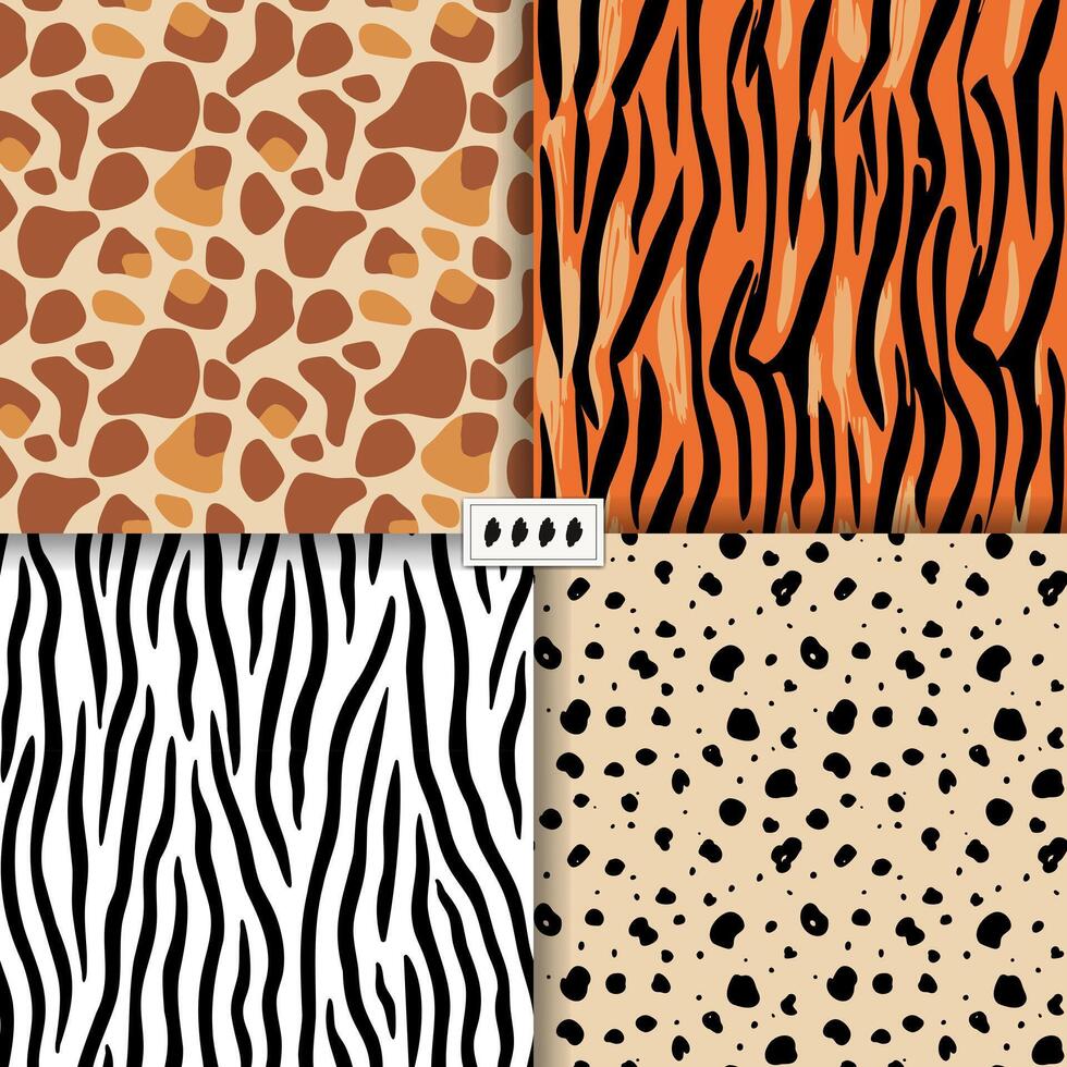 Wild animals skin seamless patterns. Giraffe, tiger, cheetah, zebra stripes. Hand drawn exotic animal skin background vector