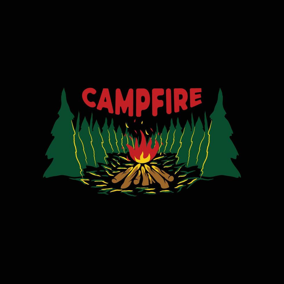 Campfire illustration design, campfire with forest in the night illustration design element vector