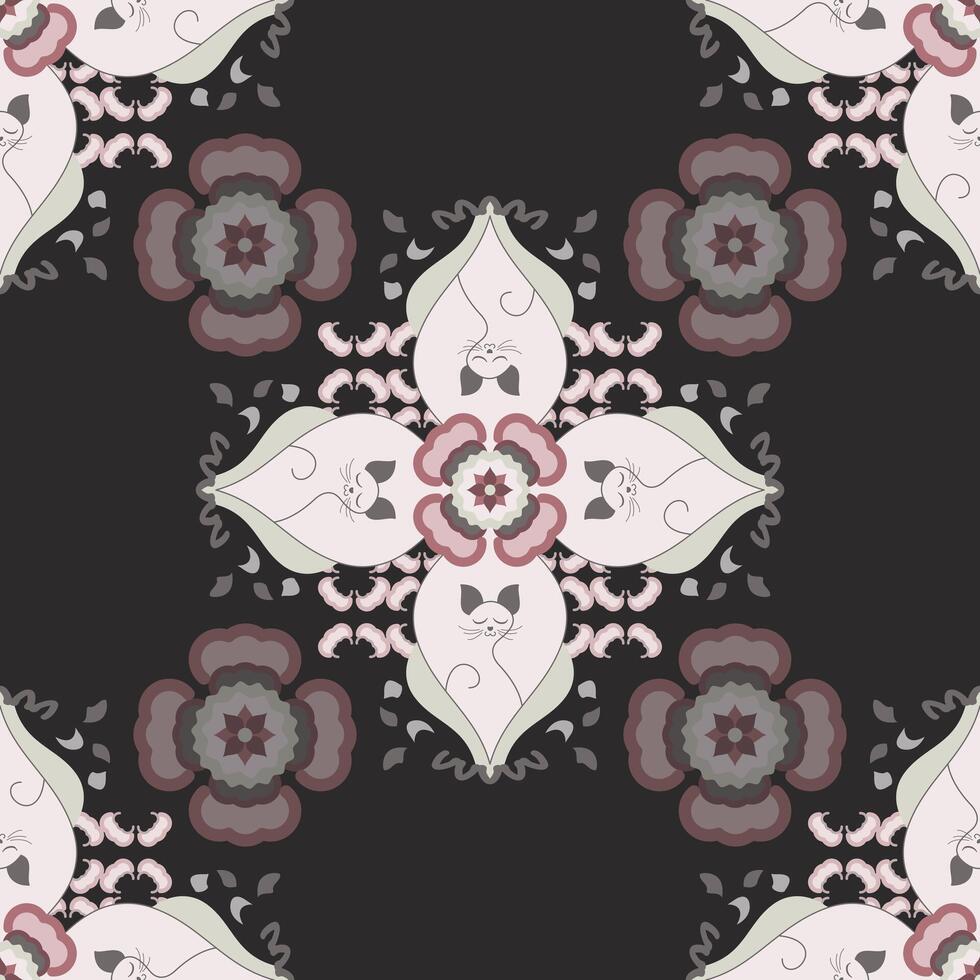 Seamless pattern. Relaxed cat meditating and flower. Colors. Pink burgundy, green and dark gray. vector