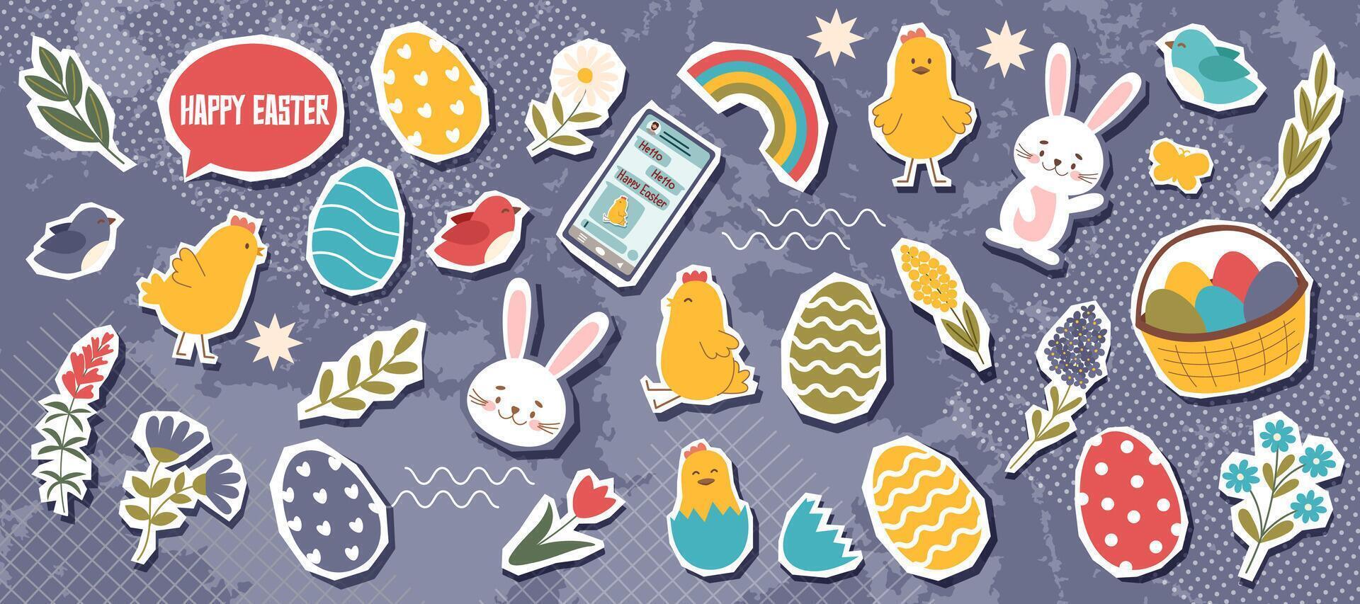 Set of Easter objects stickers. Easter trendy collection. vector