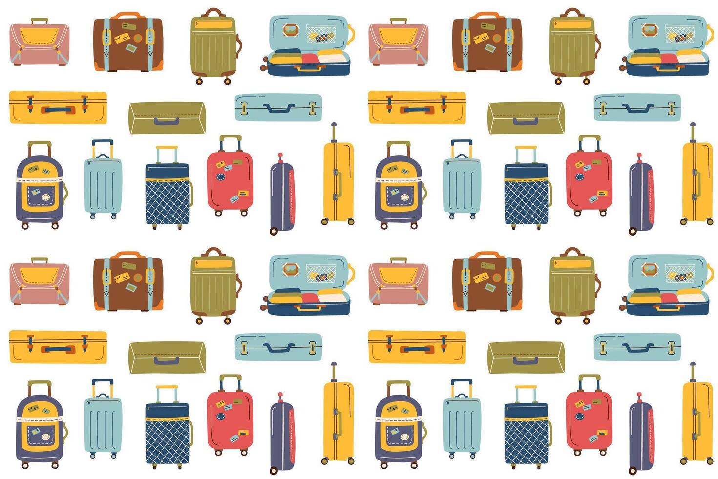 Travel seamless pattern of suitcases on white background in flat style. Concept of travel, vacation, business trip. vector