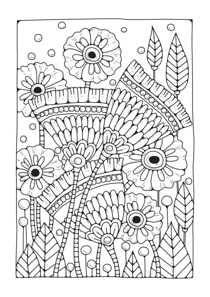 Coloring page with large flower and buds. black and white background for coloring. Art therapy. vector