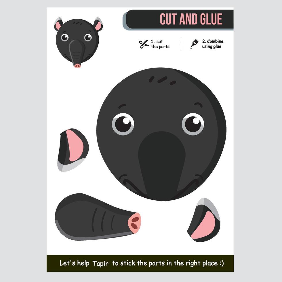 Adorable tapir cutout for gluing activity. Fun educational craft for kids. vector