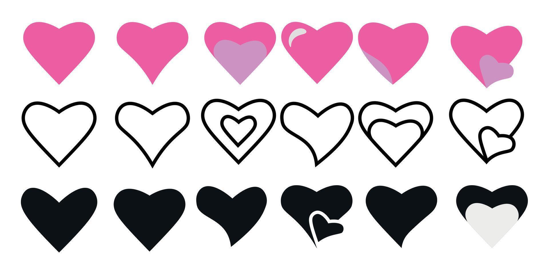 Outline Black Pink Color Hearts Set, Valentine Day Heart Set, Love Signs Illustration Design vector