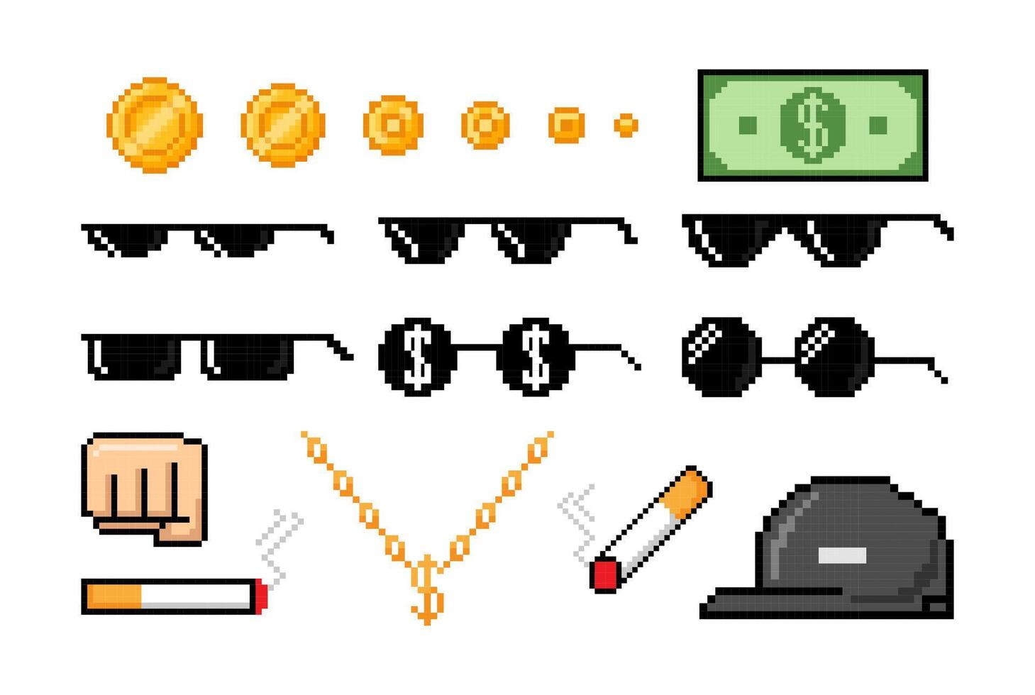 Pixel art Boss attributes. Boss, gangster elements. Comic pixelated bandit gangsta accessories. Street rapper coins and money, chain, sunglasses, fist, cap, cigarette set vector