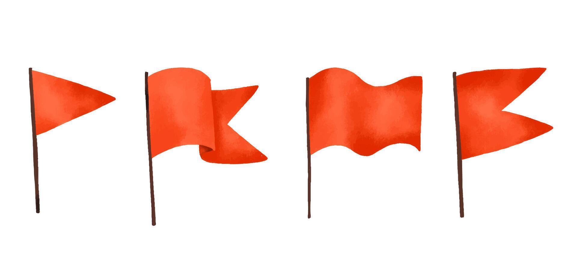 Red flags set. Hand drawn waving flags. on isolated vector
