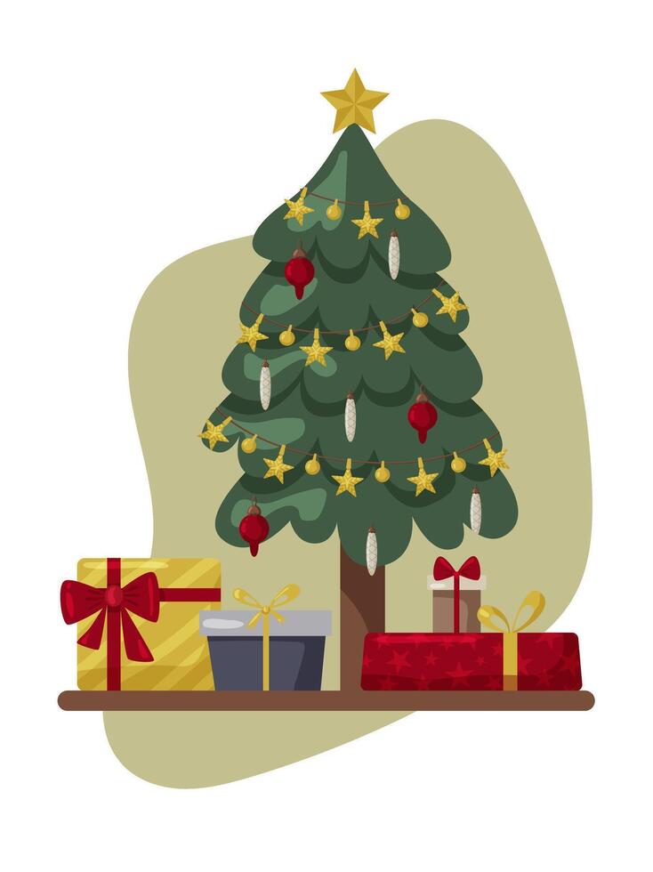 Cristmas tree with gifts. Pines for greeting card, invitation,banner, web.Winter holiday. Icons collection. Beautiful elegant Christmas tree with gifts. Modern flat design, boho style. vector