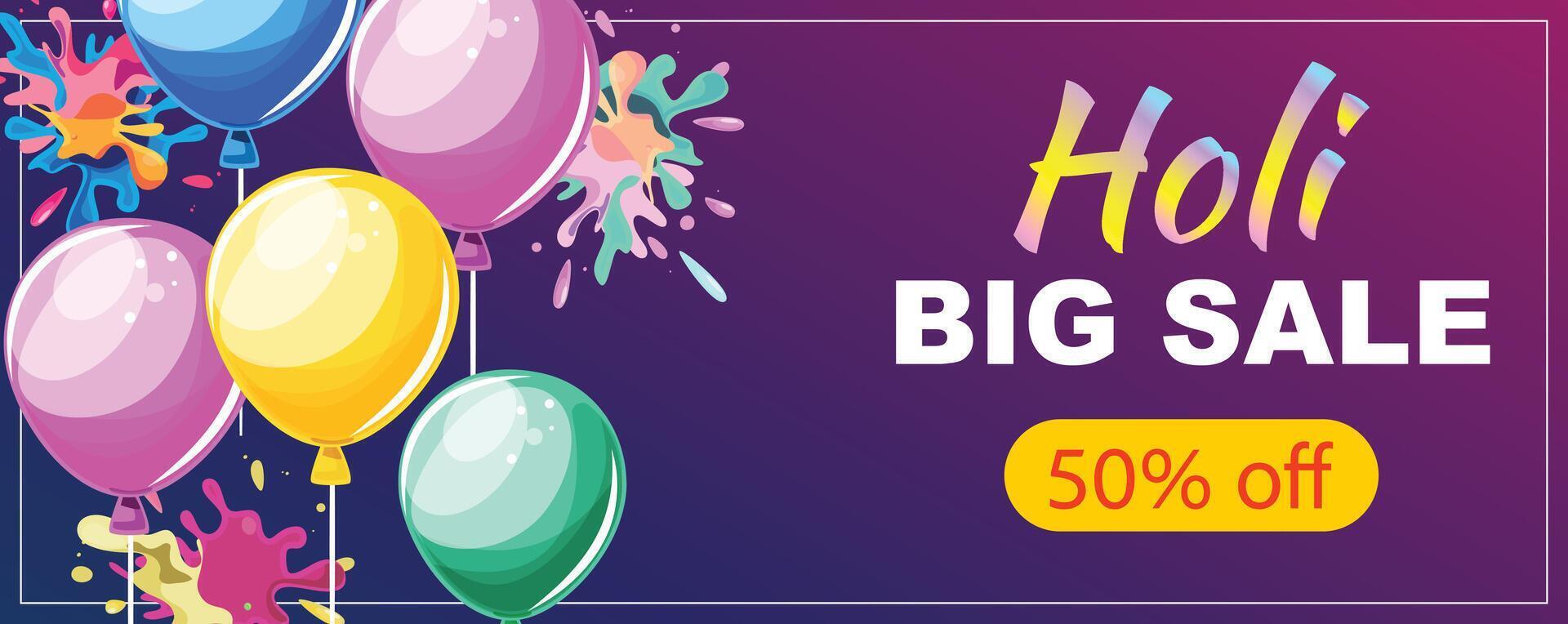 Festive Holi banner with vibrant balloons, color splashes, and promotional text for Holi sale, perfect for advertising vector