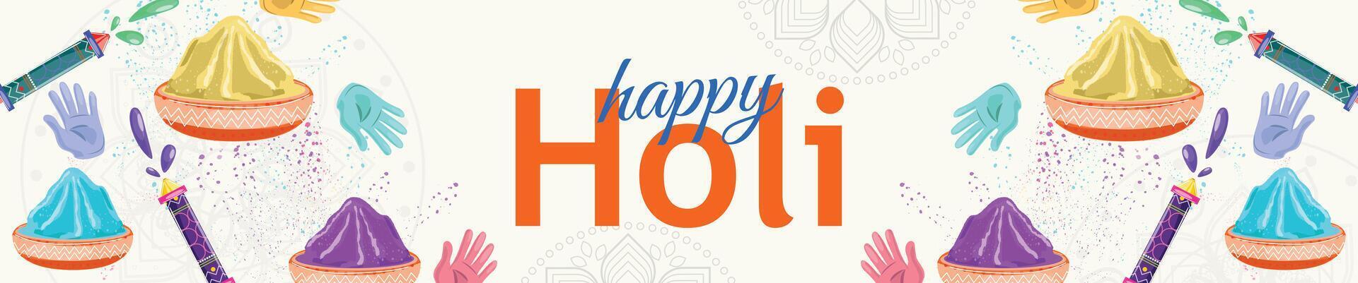 Festive Holi celebration banner featuring vibrant powder bowls, colorful hands, Pichkari splashes, and mandalas vector
