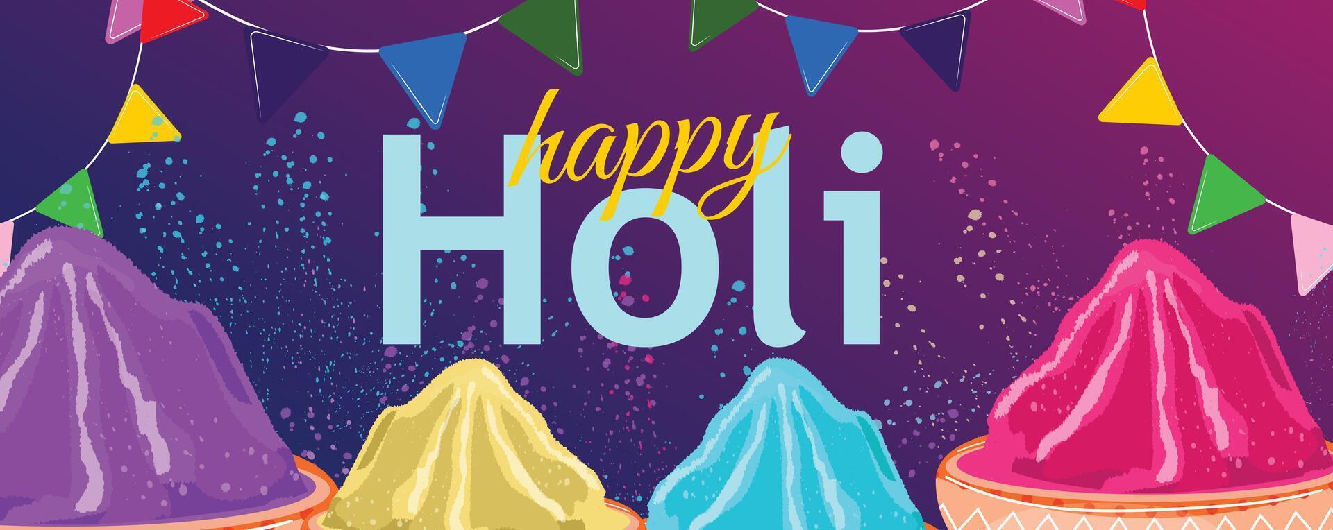 Festive Holi banner featuring vibrant powder bowls, garlands, and Happy Holi text, perfect for celebrations vector