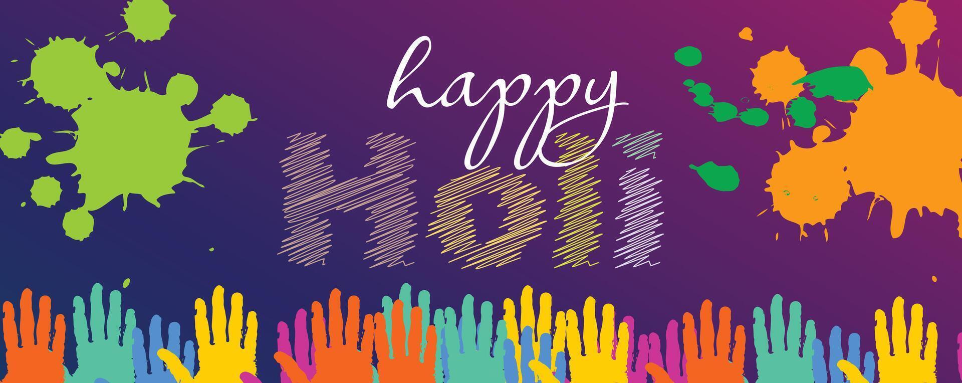 Festive Holi celebration banner featuring vibrant hands, color splashes, and holiday greetings on a gradient backdrop vector