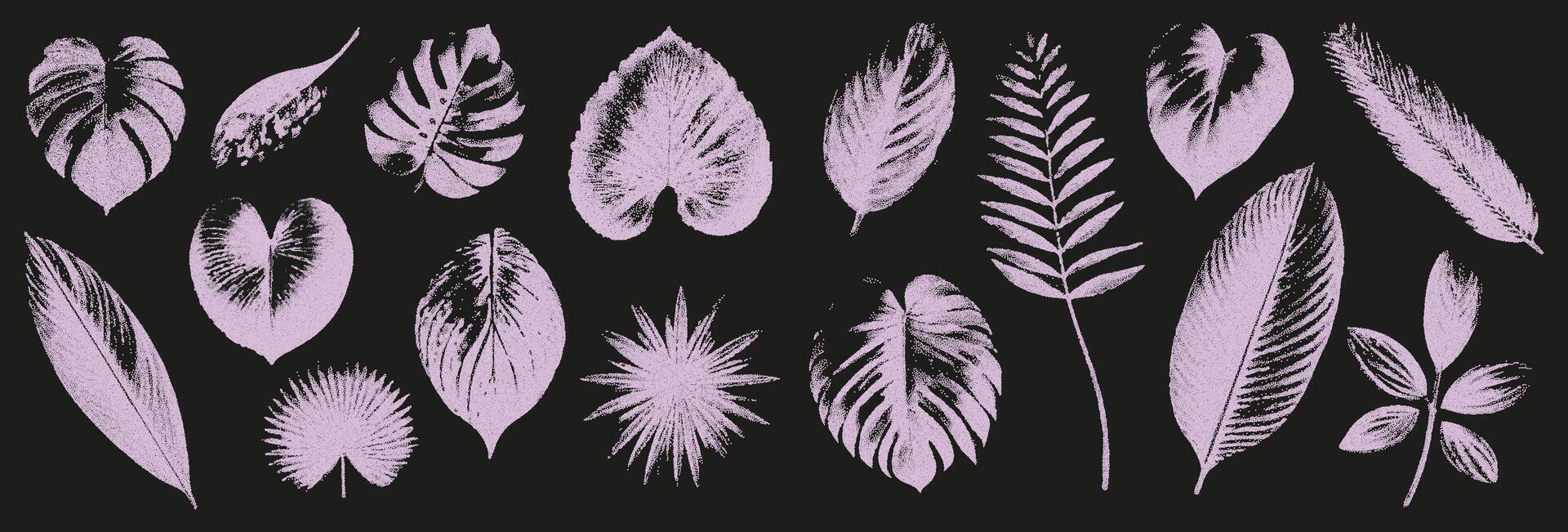 Trendy elements are tropical leaves with retro photocopy effect. Realistic grain effect. vector