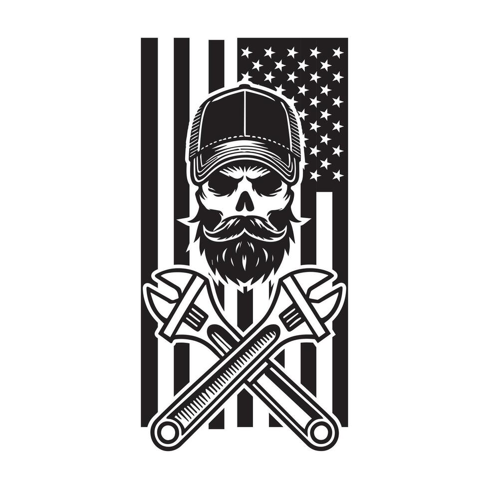 Mechanic Tools Patriotic US Skull Artwork Illustration Design vector