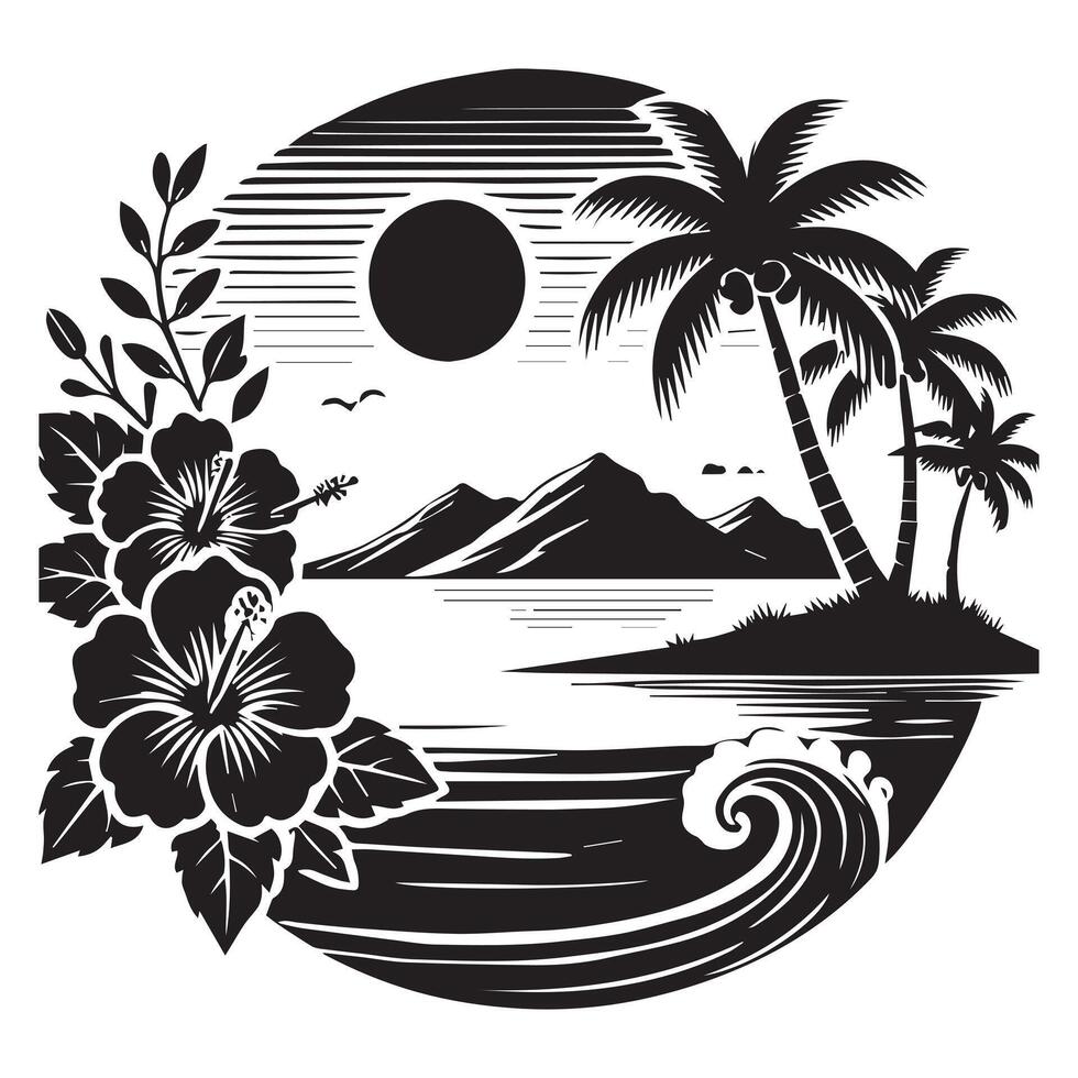 Tropical Ocean Beach Scene Illustration with Waves and Palms vector