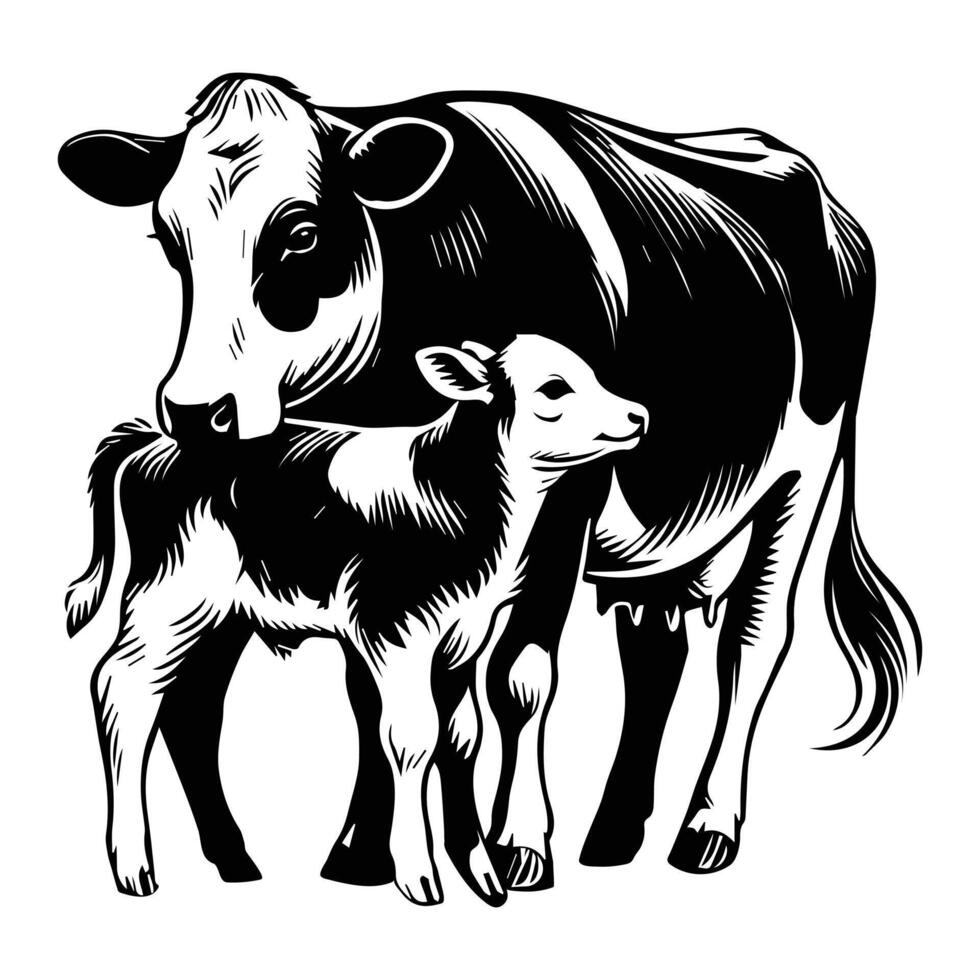 Holstein Friesian Cow and Calf Illustration - Motherly Farm Scene Design vector