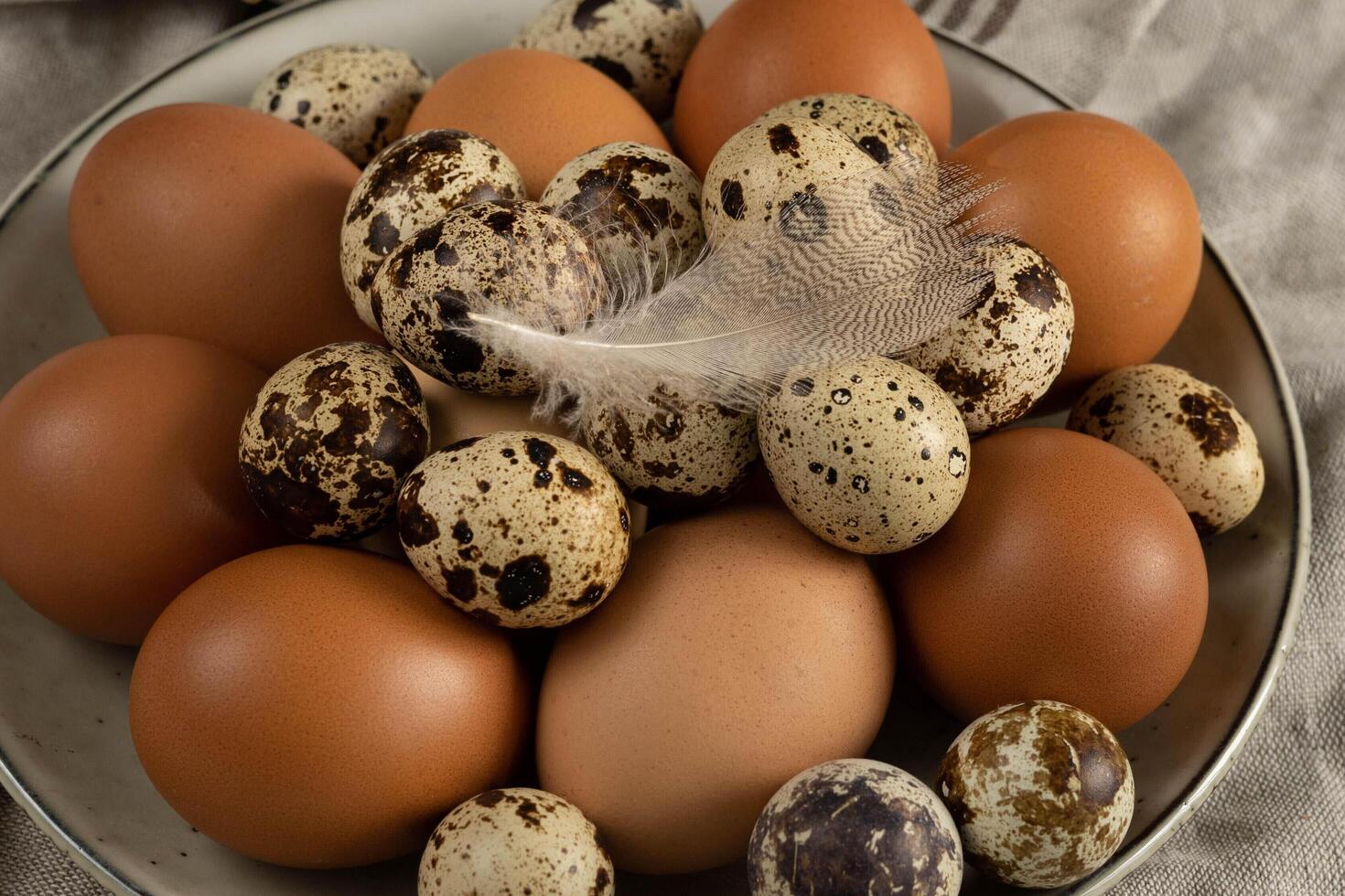 Chicken and quail eggs fresh natural unpainted, feather on a round plate photo