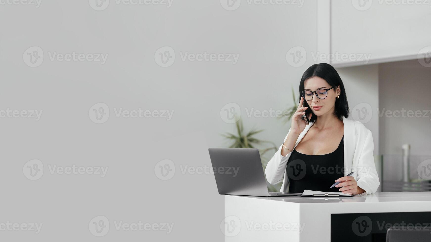Attractive middle aged professional business woman manager executive wearing suit looking at laptop computer technology in office working on digital project sitting at desk. Banner, free copy space photo