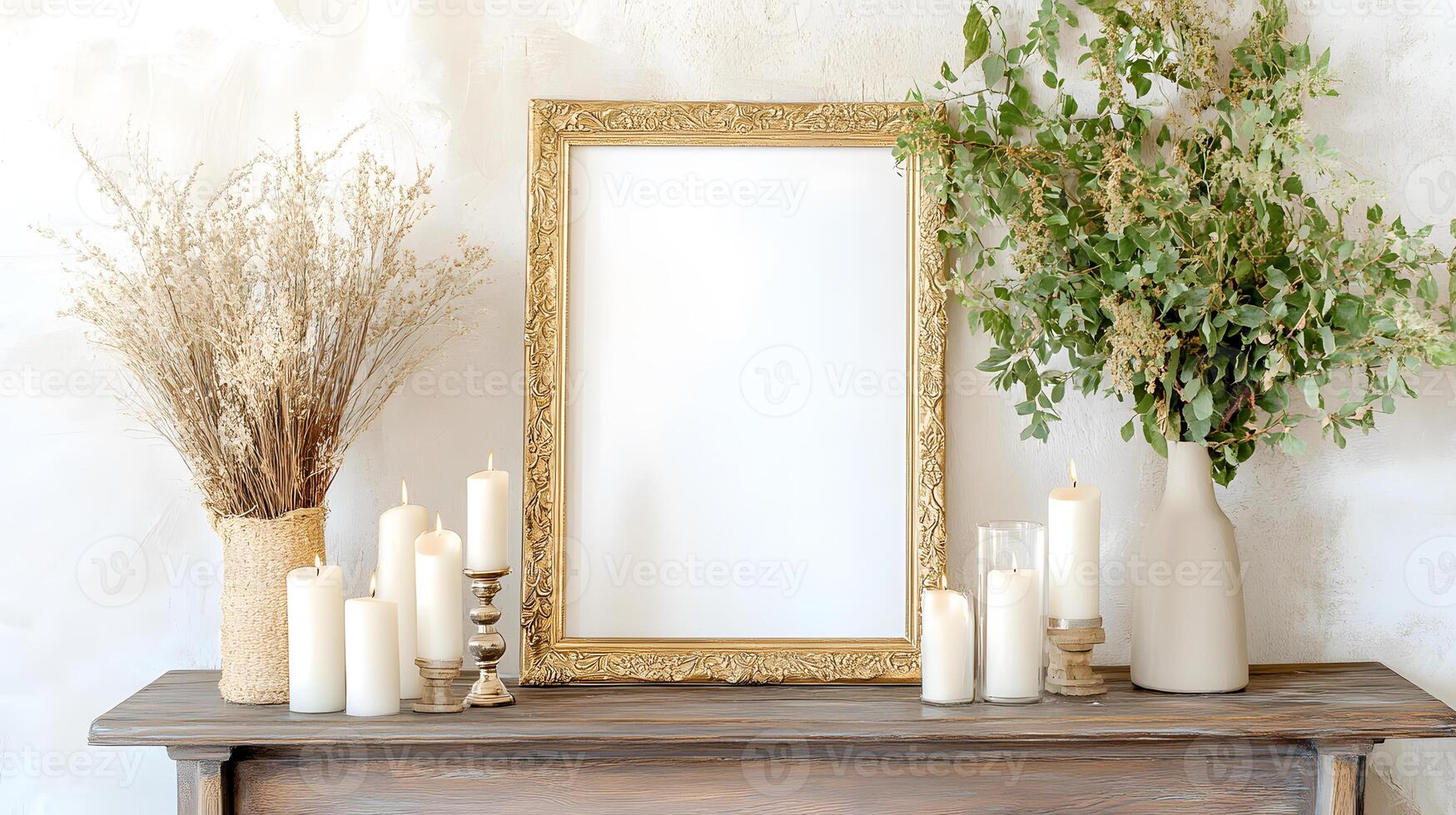 ornate gold picture frame surrounded by candles and dried flowers creates serene atmosphere photo