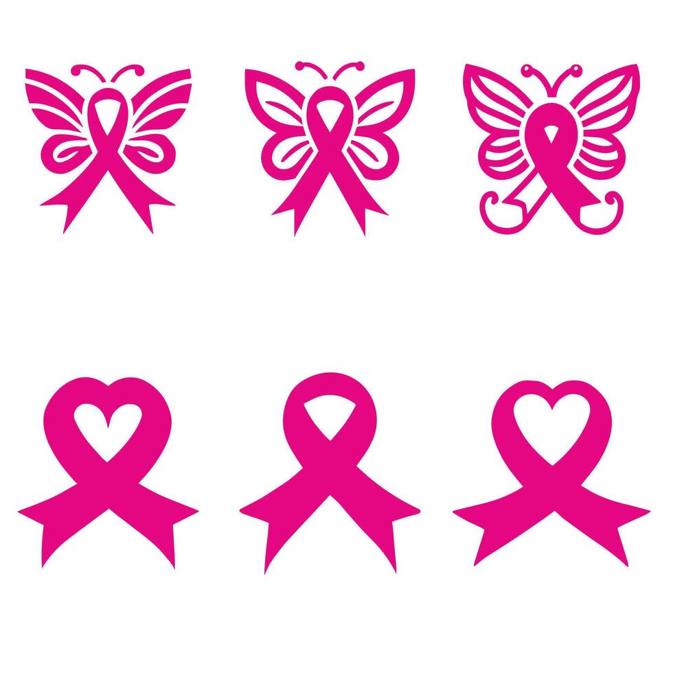 Pink Ribbon Butterfly and Heart Breast Cancer Awareness Bundle vector