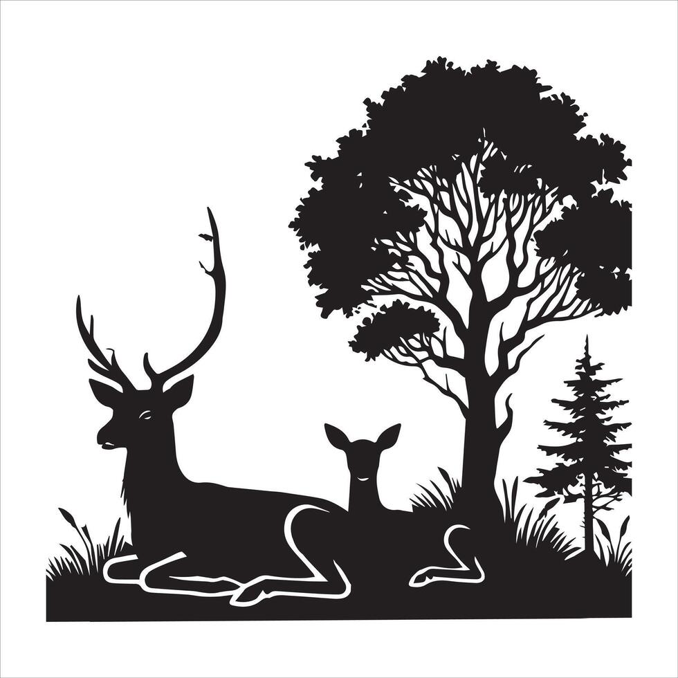 Timeless Woodland Wildlife Scene Silhouette Art vector