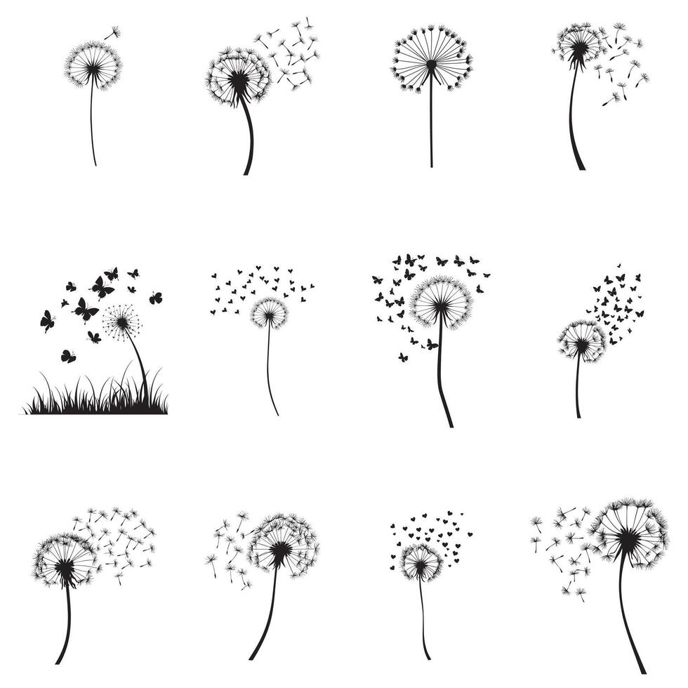 Delicate Dandelion SVG Bundle Whimsical Blowing Seeds and Floral Silhouettes vector