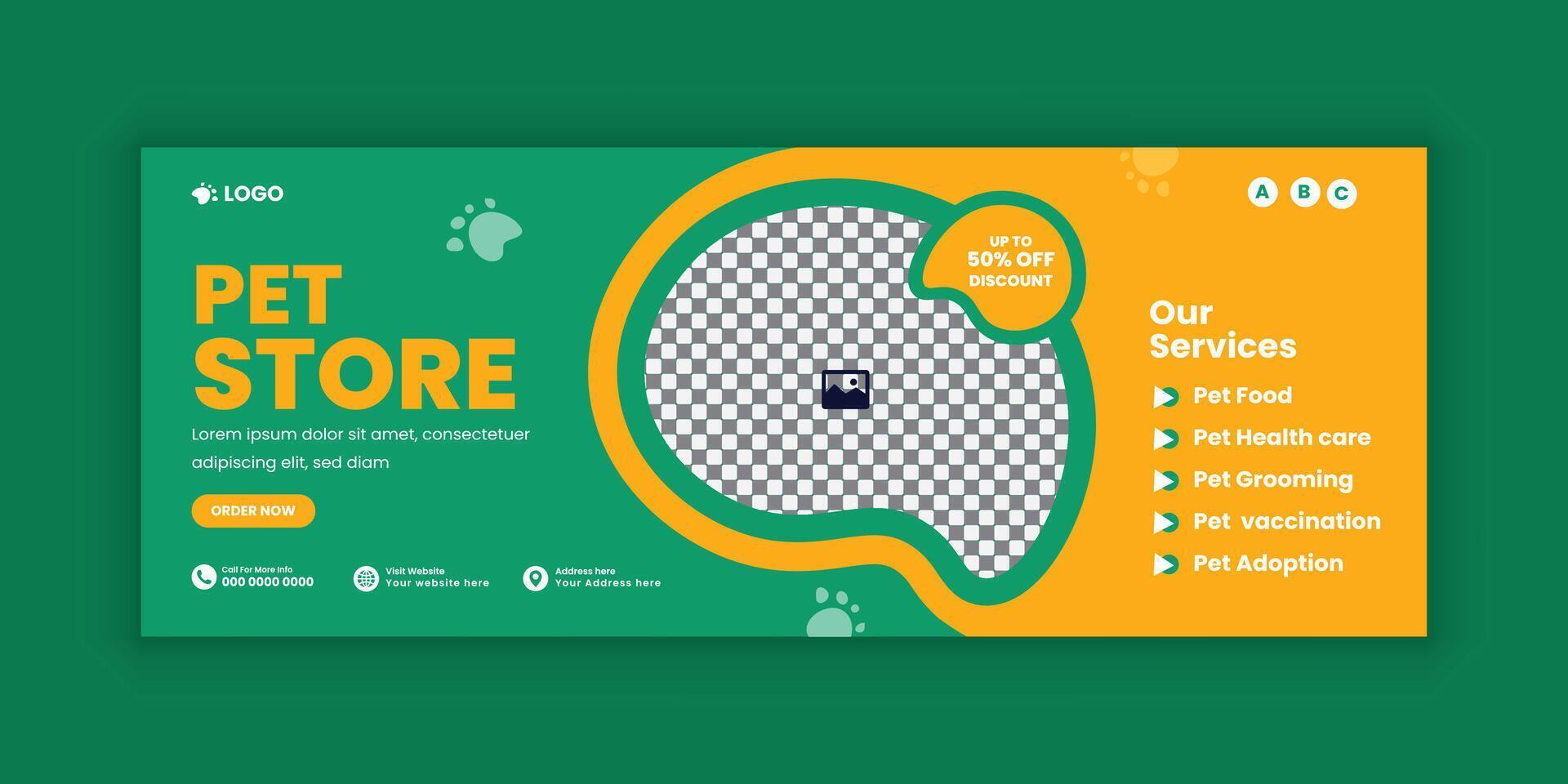 Pet store, healthcare and grooming social media cover banner design template or animal healthcare web banner vector