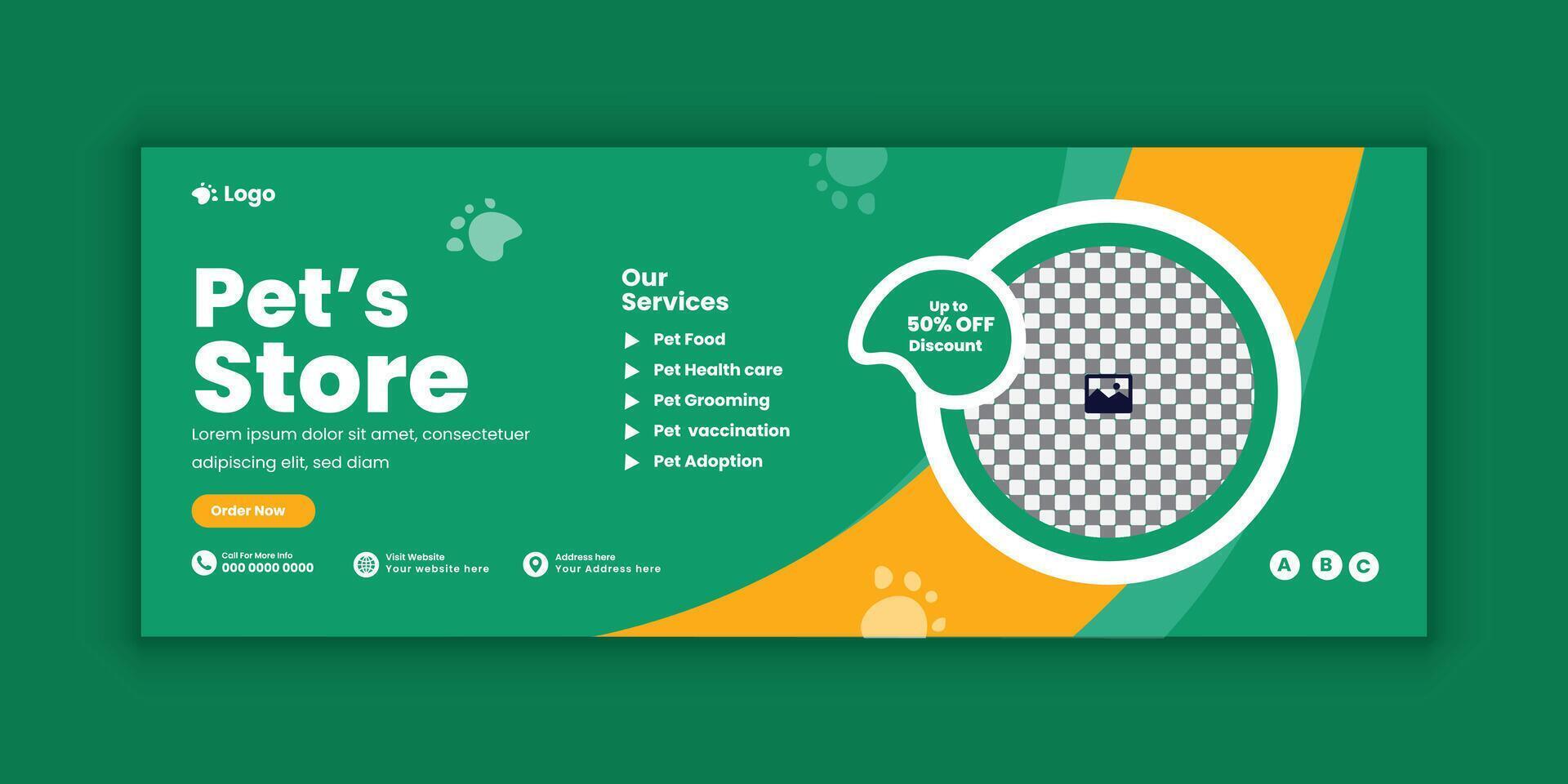 Pet store and care social media cover banner design template or animal healthcare web banner vector