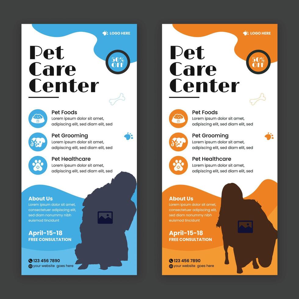 Pet care center services rack card, DL flyer, leaflet, and handbill design template vector
