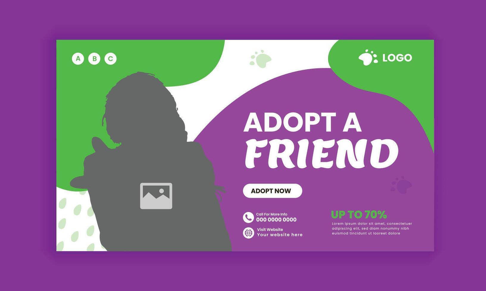 Pet adopt and care horizontal banner design and pet food and accessories sale flat banner design template vector