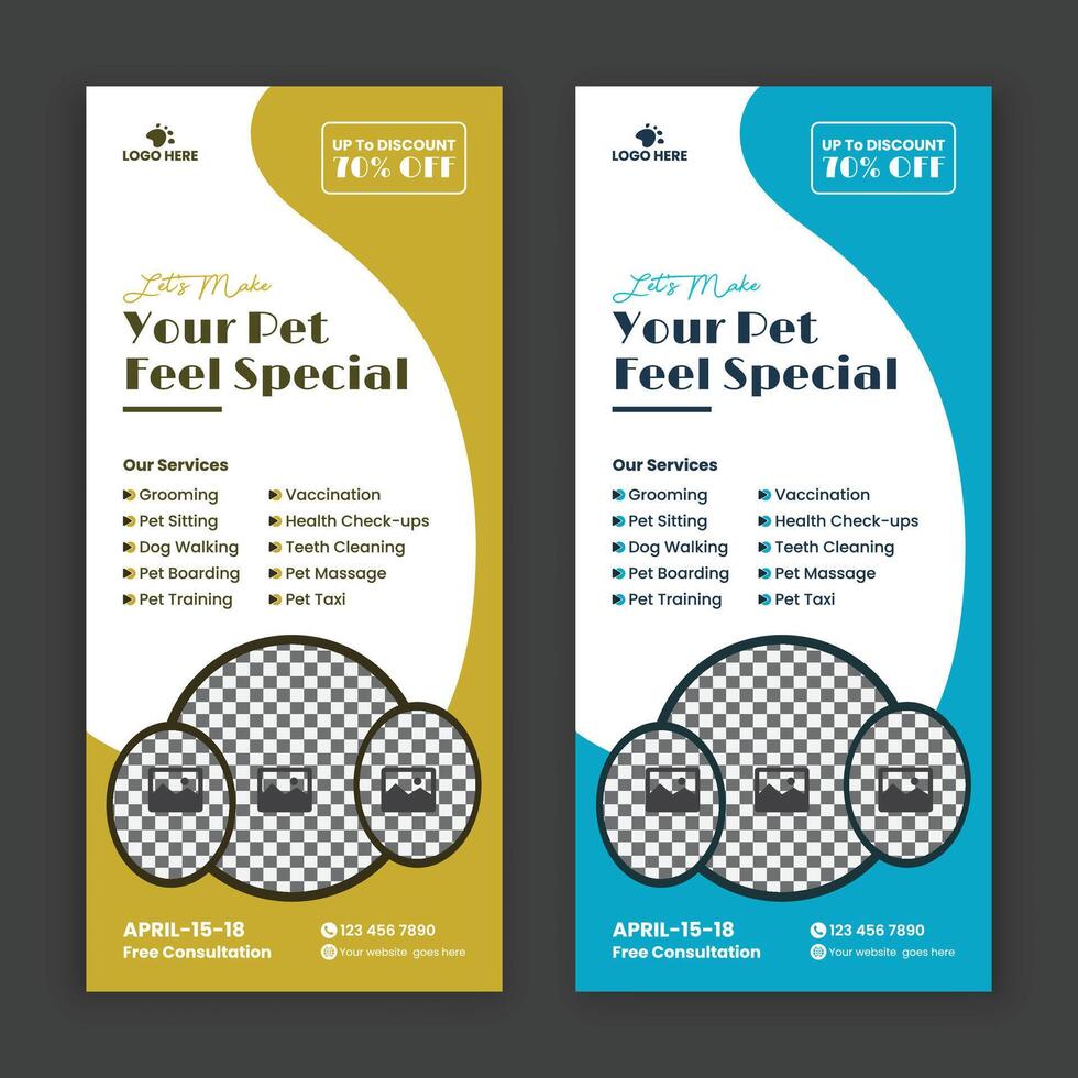 Pet care and grooming rack card, DL flyer, leaflet, and handbill design template vector