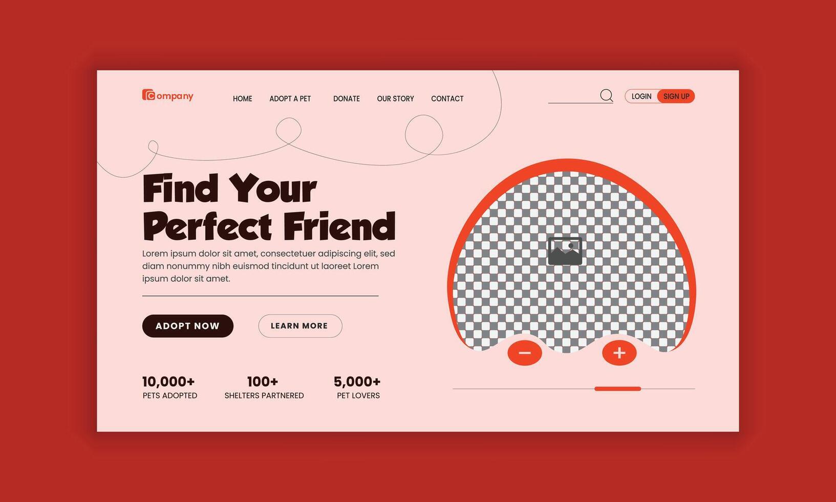 Pet adoption landing page hero section design template vector