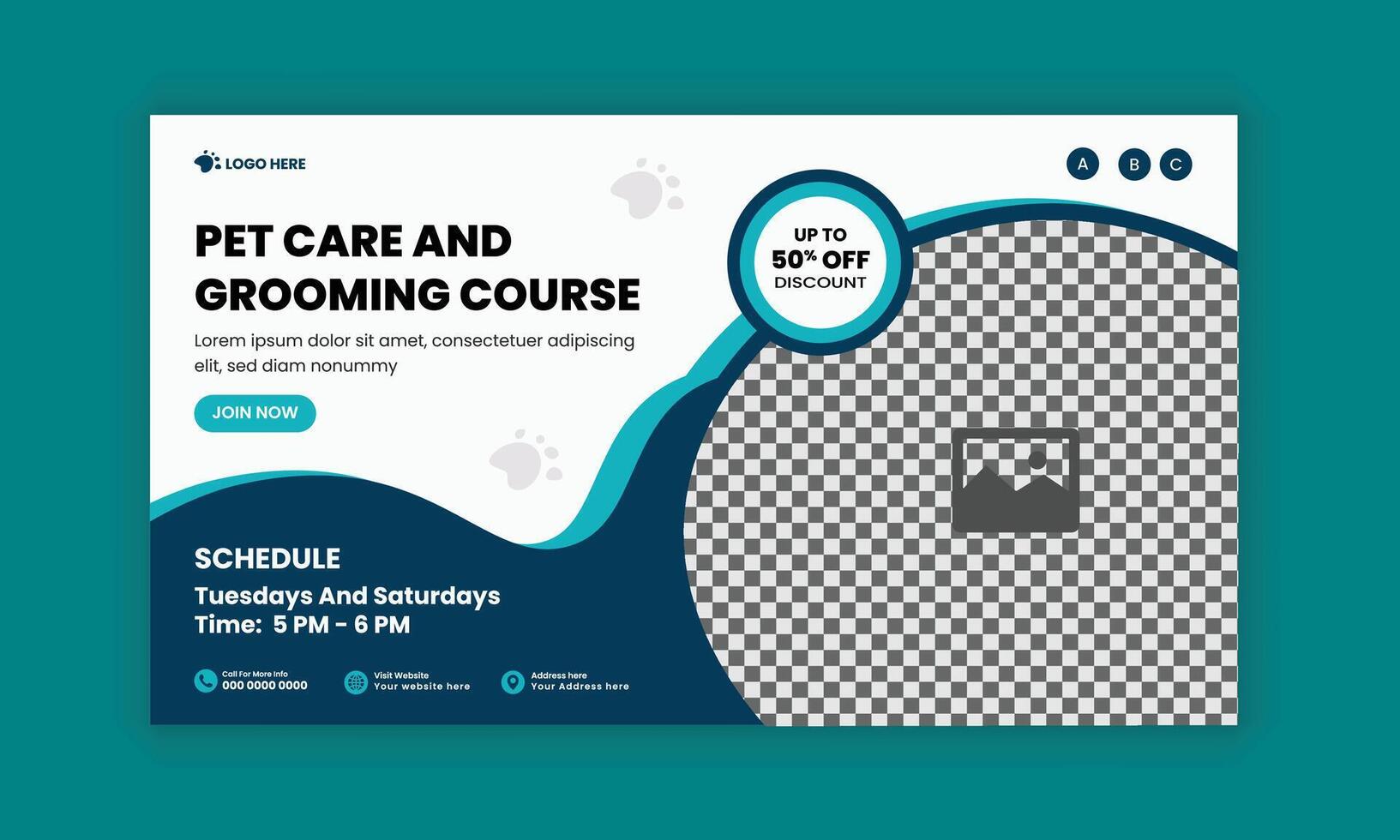 Pet care and grooming course horizontal banner design and pet food and accessories sale flat banner design template vector