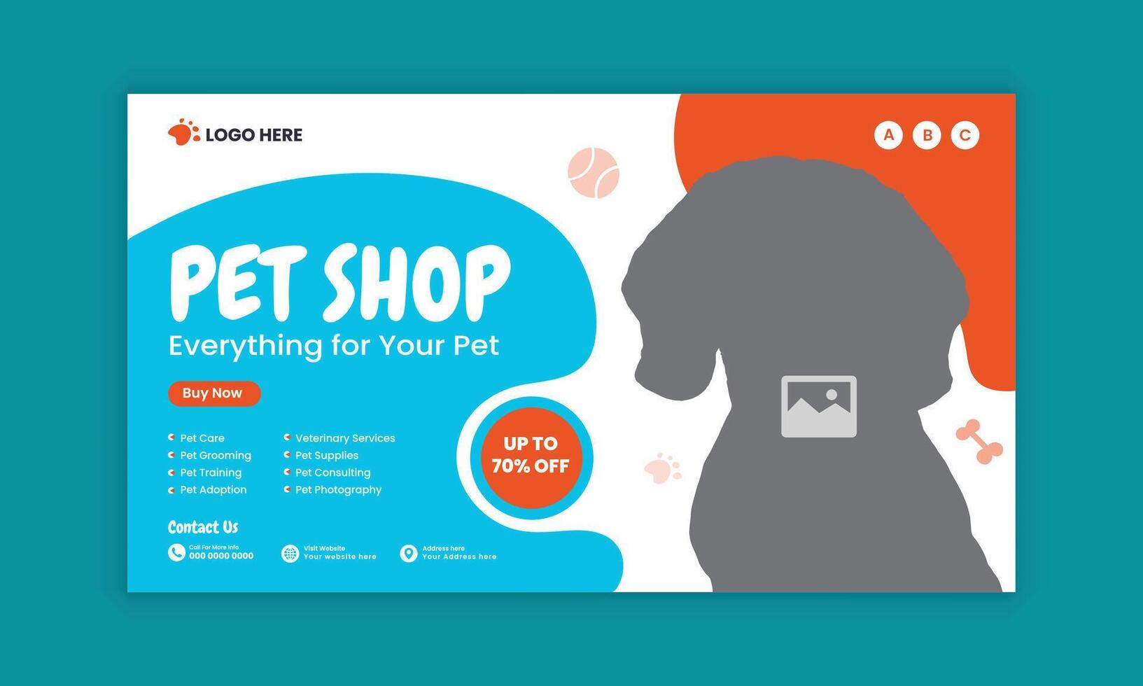 Pet horizontal banner design and pet food and accessories sale flat banner design template vector