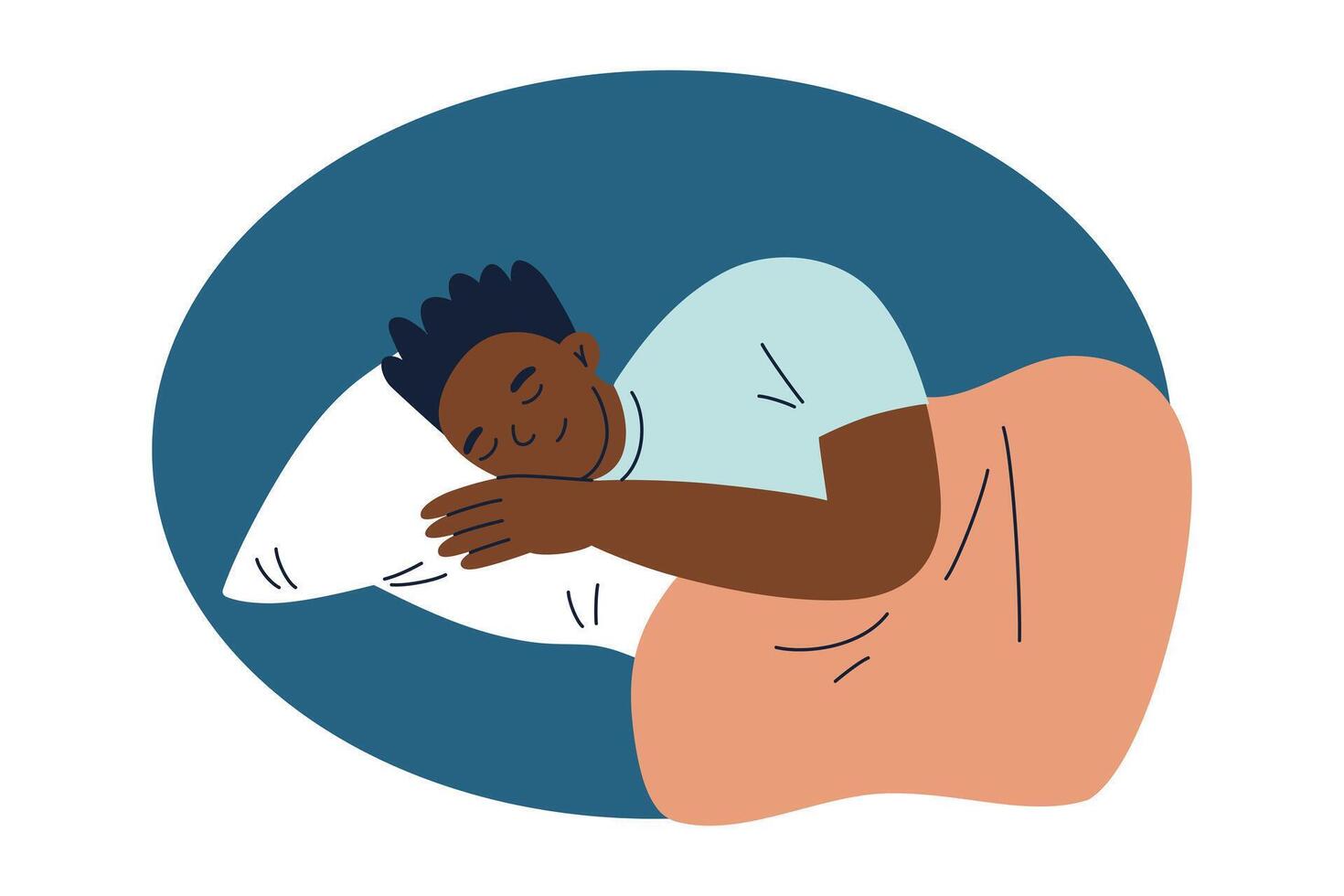 illustration of person peacefully sleeping with pillow and blanket at night. Flat cartoon style, warm and cozy design perfect for themes of rest, comfort, health, and bedtime routines vector