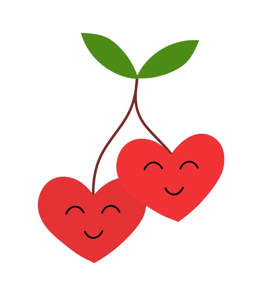 Cherries in form hearts, leaves with funny faces. Valentine day element. flat illustration. vector