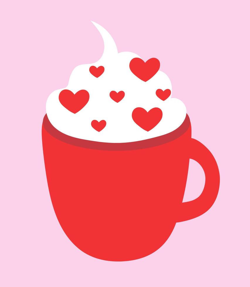 Red Valentine Day cup with whipped cream, and hearts sprinkles. Drink element. flat illustration. vector
