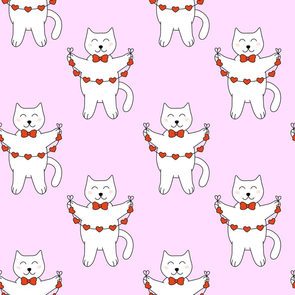 Seamless Pattern with Valentine day Cat character with garland. flat illustration. vector