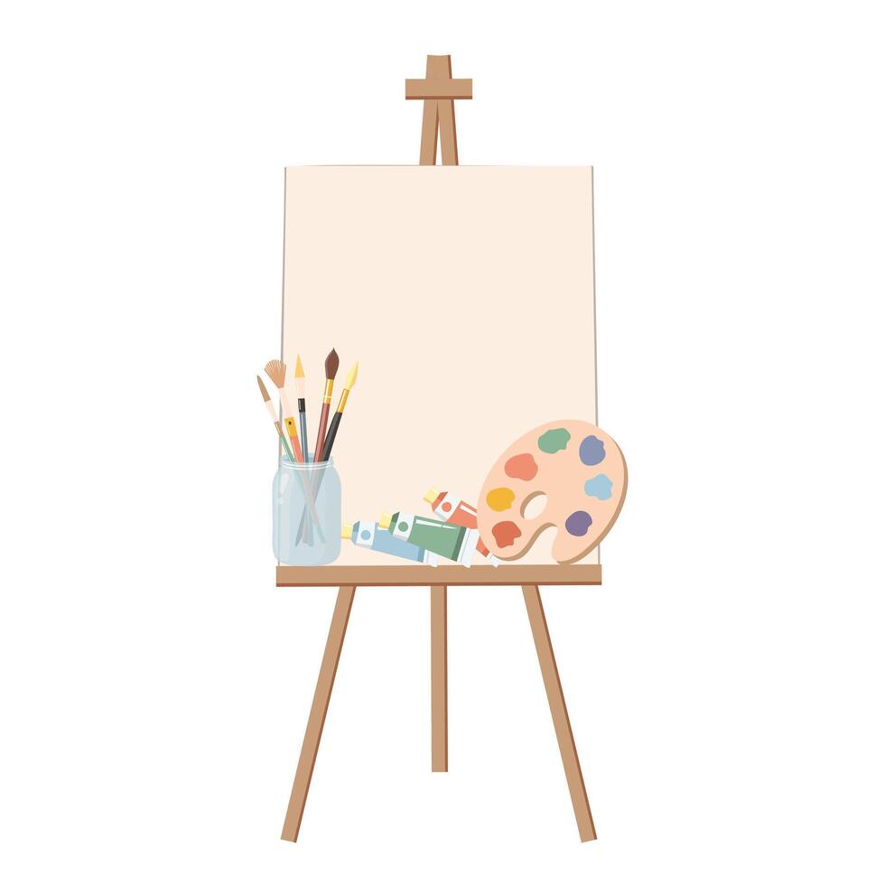Painting easel with palette, paints, brushes and canvas. Flat illustration vector