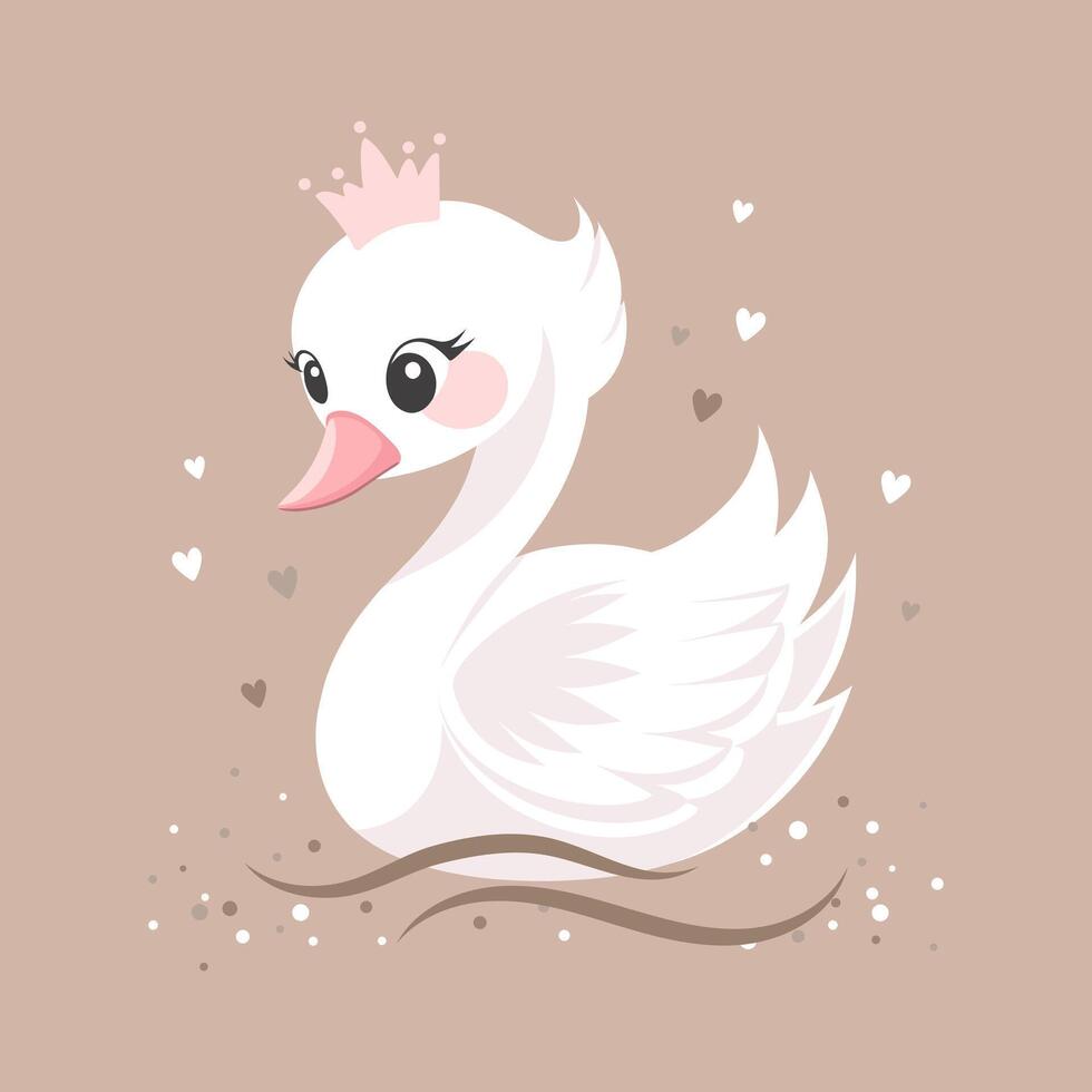 Cute white swan with pink crown on beige background. Children's illustration, postcard, template for congratulations. vector